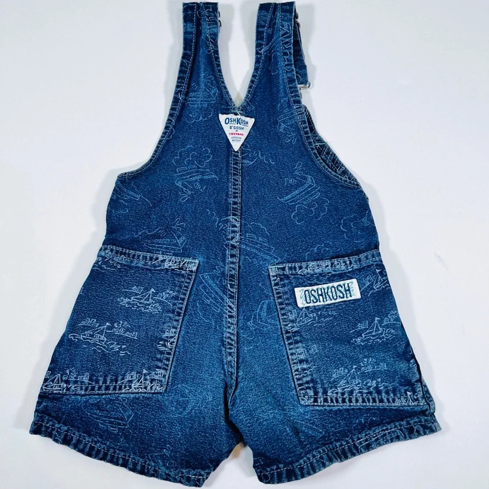 Vintage OshKosh B'gosh USA Denim Overall Shorts Kids Size 4 Nautical Sail Boat